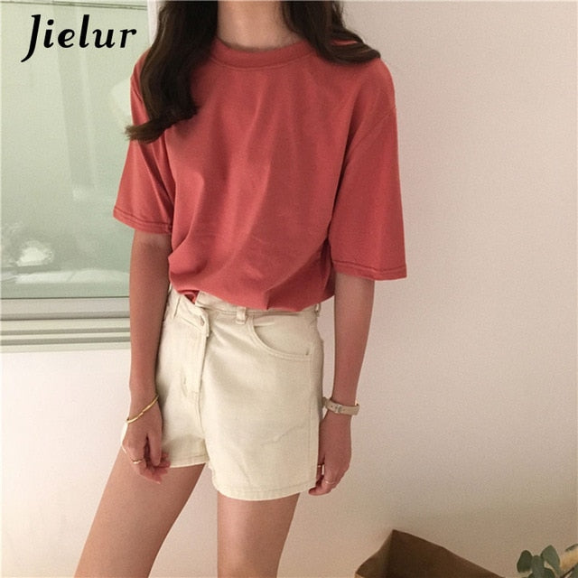 Basic Color Women T-Shirt Casual O-neck Summer Top Korean Hipster S-XL