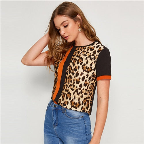 Cut-and-Sew Leopard Panel Top Short