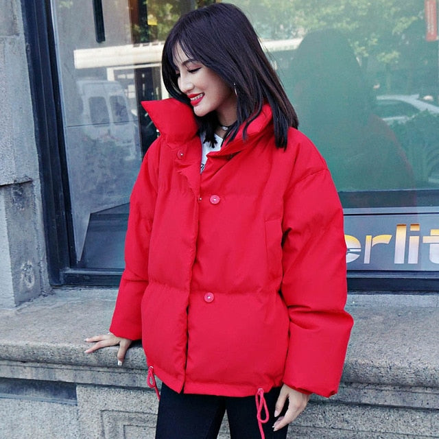 Winter Jacket Women Stand Collar Solid Black White Female Down Coat