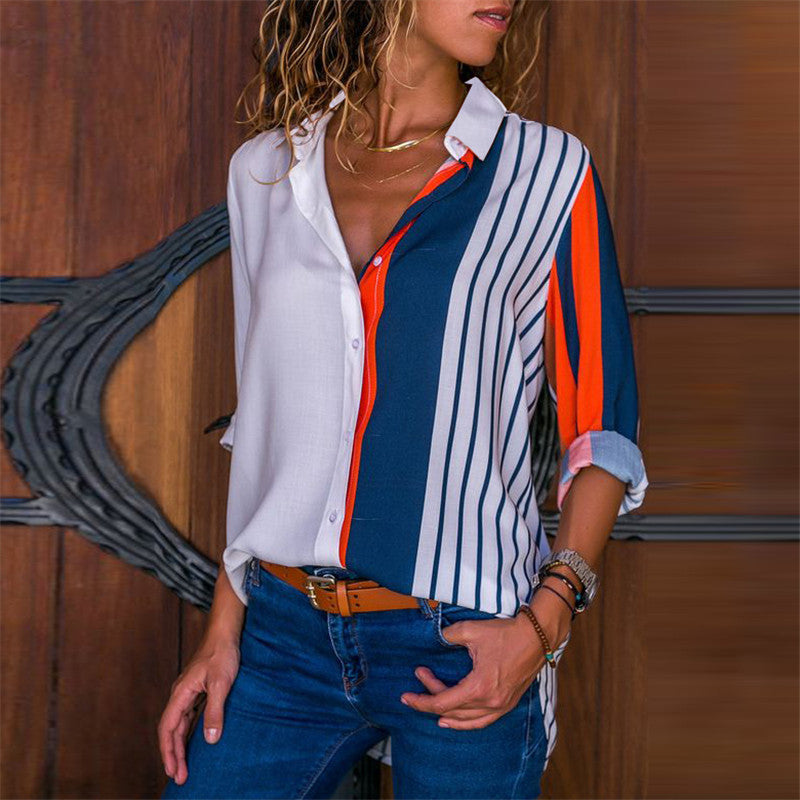 Women Blouses Chic Striped Print Office Shirt Top Fashion Long Sleeve Chiffon  Casual for Ladies