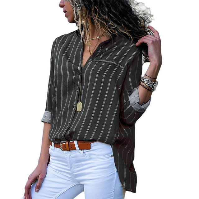 Women Blouses Chic Striped Print Office Shirt Top Fashion Long Sleeve Chiffon  Casual for Ladies