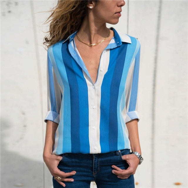 Women Blouses Chic Striped Print Office Shirt Top Fashion Long Sleeve Chiffon  Casual for Ladies