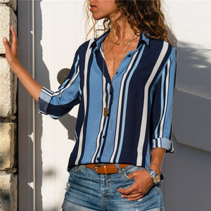 Women Blouses Chic Striped Print Office Shirt Top Fashion Long Sleeve Chiffon  Casual for Ladies