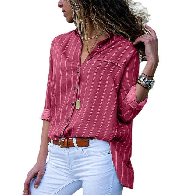 Women Blouses Chic Striped Print Office Shirt Top Fashion Long Sleeve Chiffon  Casual for Ladies