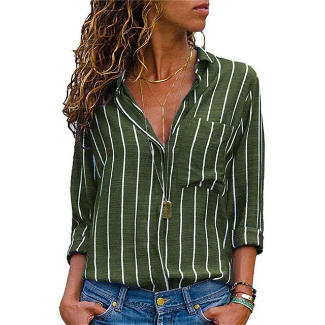 Women Blouses Chic Striped Print Office Shirt Top Fashion Long Sleeve Chiffon  Casual for Ladies