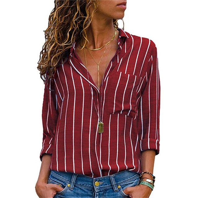 Women Blouses Chic Striped Print Office Shirt Top Fashion Long Sleeve Chiffon  Casual for Ladies