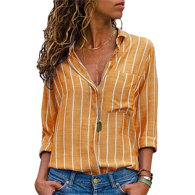 Women Blouses Chic Striped Print Office Shirt Top Fashion Long Sleeve Chiffon  Casual for Ladies