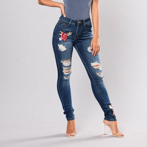 Stretch Embroidered Jeans For Women Elastic Flower Slim Denim Hole Ripped Rose Pattern