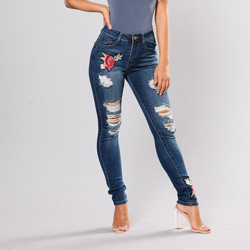 Stretch Embroidered Jeans For Women Elastic Flower Slim Denim Hole Ripped Rose Pattern