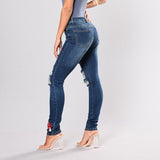 Stretch Embroidered Jeans For Women Elastic Flower Slim Denim Hole Ripped Rose Pattern