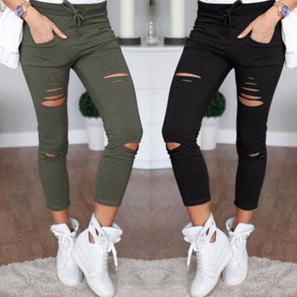 Women Fashion Cotton Hole Pencil Pants Skinny Nine Points High Waist Stretch Jeans Slim Pencil Trousers Capris Hot