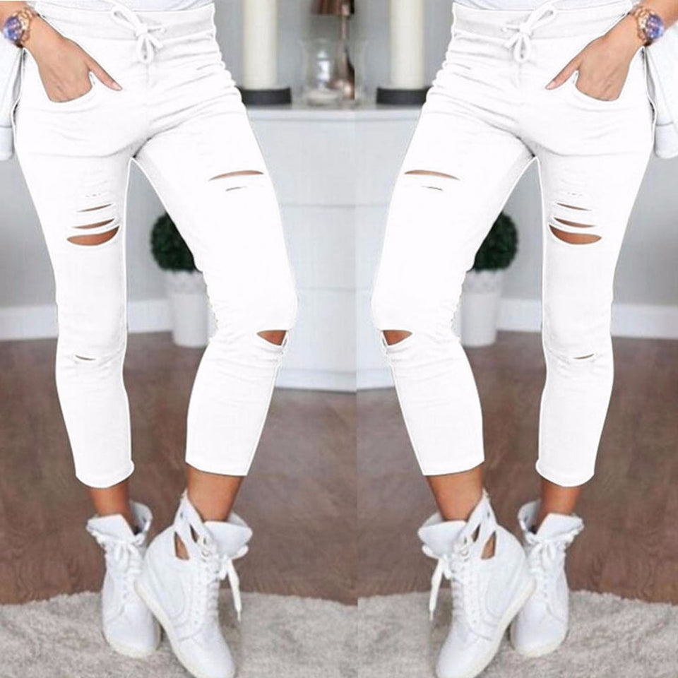 Women Fashion Cotton Hole Pencil Pants Skinny Nine Points High Waist Stretch Jeans Slim Pencil Trousers Capris Hot