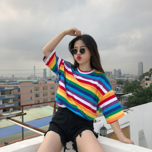 New T Shirt Women Rainbow Striped Tops Short Sleeve Korean Punk T-shirt