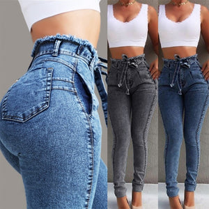 High Waist Jeans For Women Slim Stretch Denim Tassel Belt Bandage Skinny Push Up