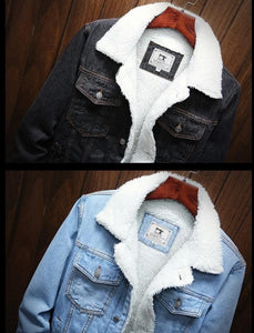 Men Light Blue Winter Jean Jackets Outerwear Warm Denim Coats Large Size Wool Liner Thicker Denim Jackets