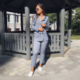 2 Piece Sets Double Breasted Striped Blazer Jacket & Zipper Trousers Suit For all Ladies