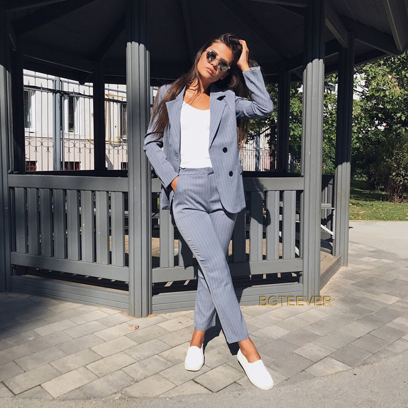 Fashion Pant Suits 2 Piece Set for Women Double Breasted Striped Blazer Jacket & Trouser Office Top Model