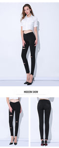 Yesello Plus Size M-5XL Summer Hole Ripped Jeans for Women Jeggings Cool Denim High Waist Skinny Pants Pencil Trousers Black