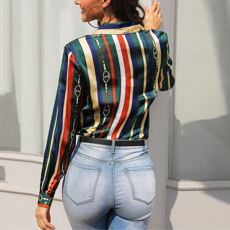 Women Shirts Saddle Print Multicolor Stripes Long Sleeve Blouse