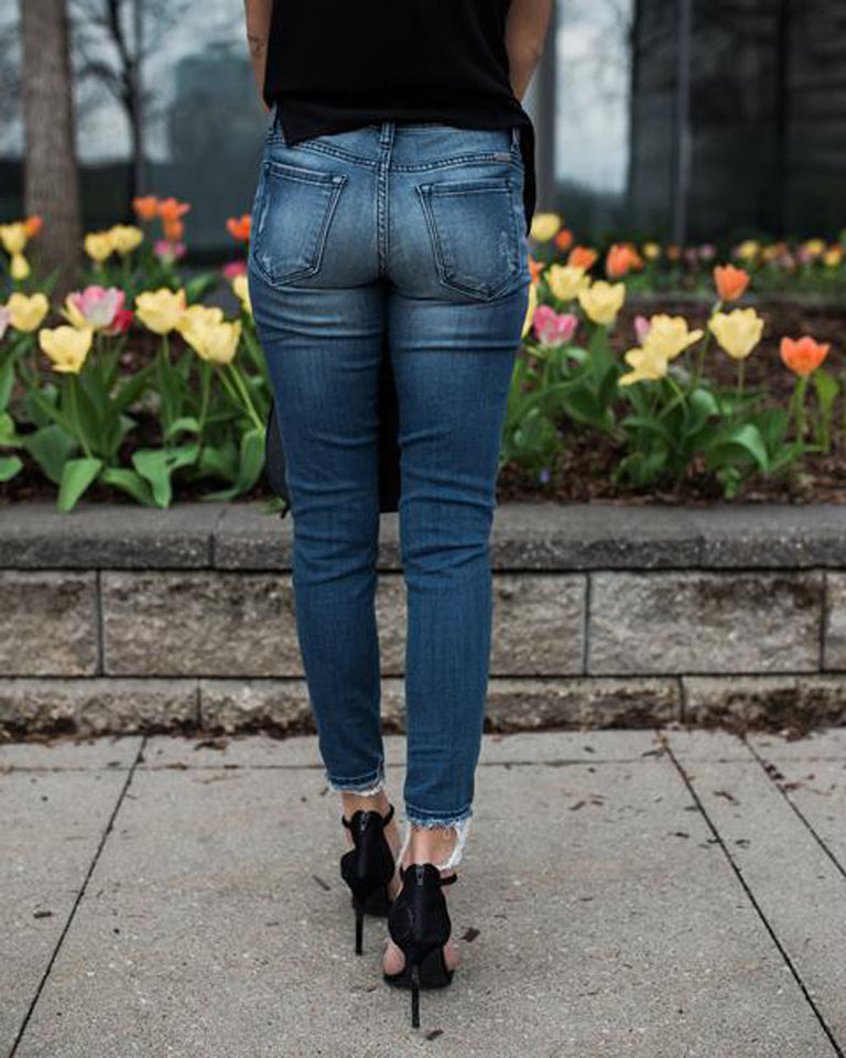 Women Denim Skinny Pants Ripped Destroyed Pleated Stretch Jeans Slim Pencil Trousers