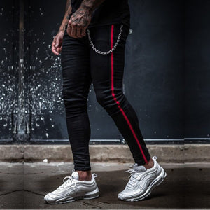 Mens Side Stripe Skinny Fit Black Denim Jeans Hip Hop Streetwear Solid Color Plus Size Slim Fit Lightweight Cotton Jeans for Men