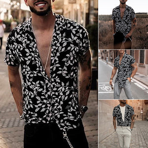 Black Slim Hawaiian Printed Men's Shirt New European Style Short Sleeve