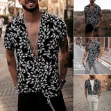 Black Slim Hawaiian Printed Men's Shirt New European Style Short Sleeve