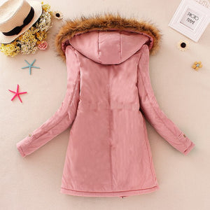 Women's Hooded Fur Collar Waist And Velvet Thick Warm Long Cotton Coat