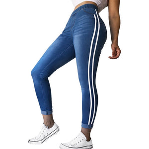 Women Jeans High Waist Side Striped Trousers Patchwork Straight  Matched Casual Pants Slim