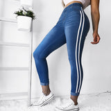 Women Jeans High Waist Side Striped Trousers Patchwork Straight  Matched Casual Pants Slim