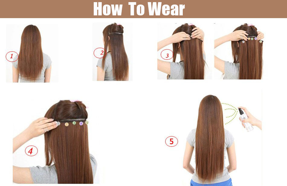 Hair 24'' Long Straight Women Clip in Hair Extensions Black Brown High Tempreture Synthetic Hair Piece