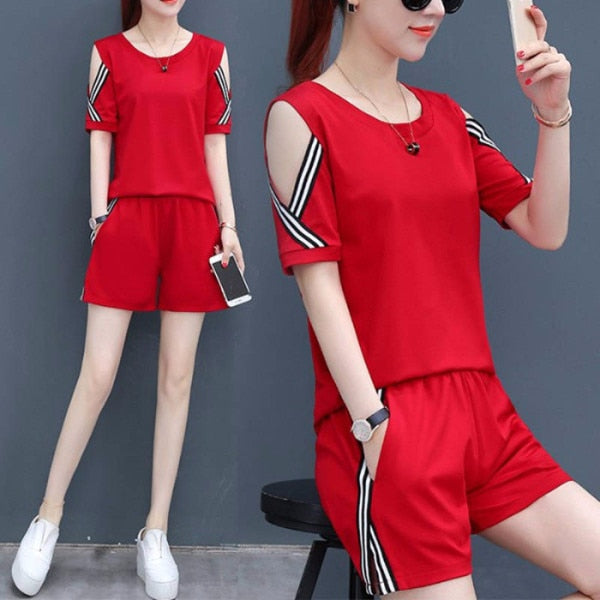 Large Size Women's Casual Suit Summer Loose Thin Strapless Two-piece Short-sleeved T-shirt