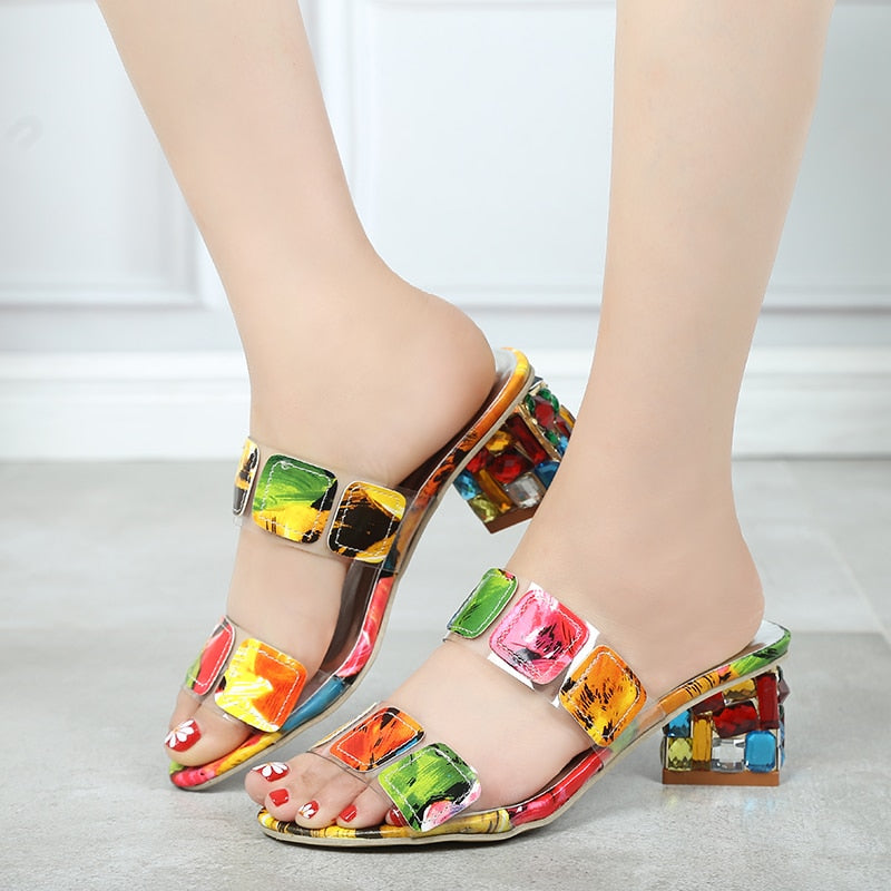 Women Multi Colors Sandals Fashion High Heels Open Toe Beach Flip Flops