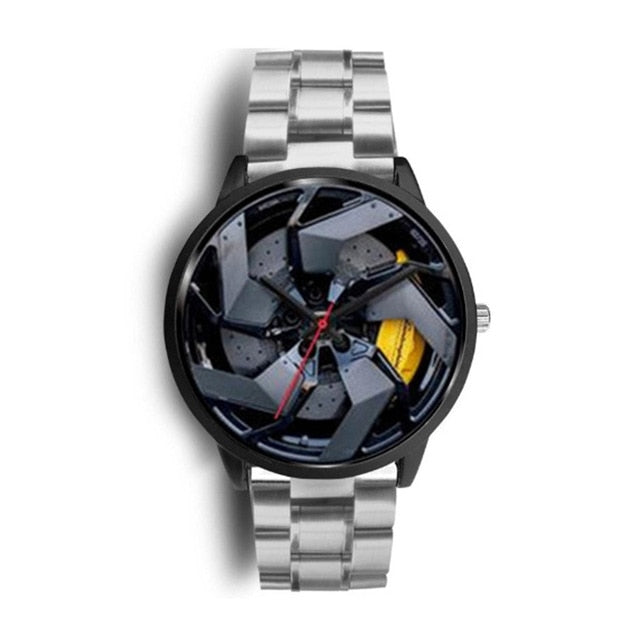 Men's Quartz watch Luxury Racing Car Wheel Free Stainless Strap Clock