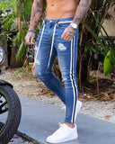 Mens Side Stripe Skinny Fit Black Denim Jeans Hip Hop Streetwear Solid Color Plus Size Slim Fit Lightweight Cotton Jeans for Men