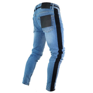 Knee Hole Side Zipper Slim Distressed Men's Jeans Ripped tore up slim stripe pants Top Model