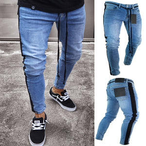 Knee Hole Side Zipper Slim Distressed Men's Jeans Ripped tore up slim stripe pants Top Model