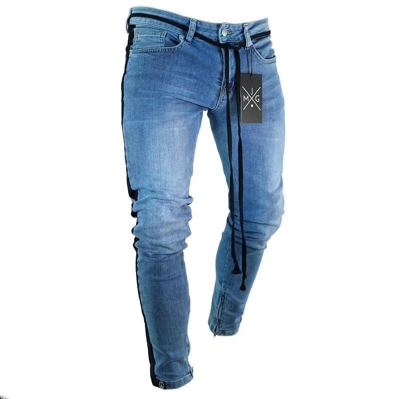 Knee Hole Side Zipper Slim Distressed Men's Jeans Ripped tore up slim stripe pants Top Model