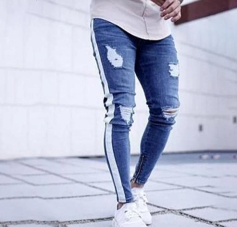 Knee Hole Side Zipper Slim Distressed Men's Jeans Ripped tore up slim stripe pants Top Model