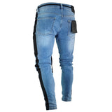 Knee Hole Side Zipper Slim Distressed Men's Jeans Ripped tore up slim stripe pants Top Model