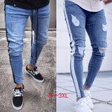 Knee Hole Side Zipper Slim Distressed Men's Jeans Ripped tore up slim stripe pants Top Model