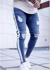 Knee Hole Side Zipper Slim Distressed Men's Jeans Ripped tore up slim stripe pants Top Model