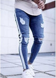 Knee Hole Side Zipper Slim Distressed Men's Jeans Ripped tore up slim stripe pants Top Model