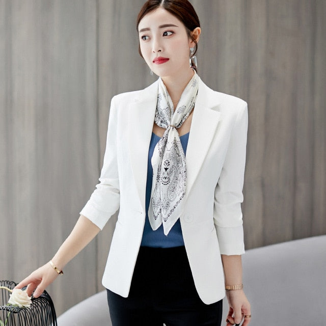 Slim Fit Women Formal Jackets Office Work Suit Open Front Notched Ladies Solid Black Coat Fashion Tops