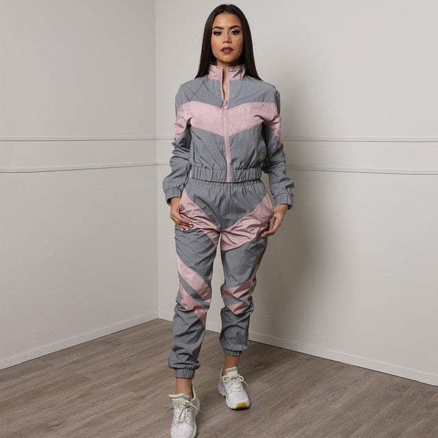 Women Tracksuits 2 Piece Set Reflective Top and bottom Fashion Jacket