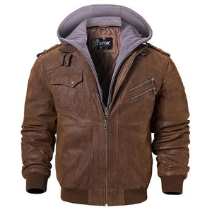 Men's Real Leather Jacket Men Motorcycle Removable Hood winter coat Warm Genuine Leather Jackets