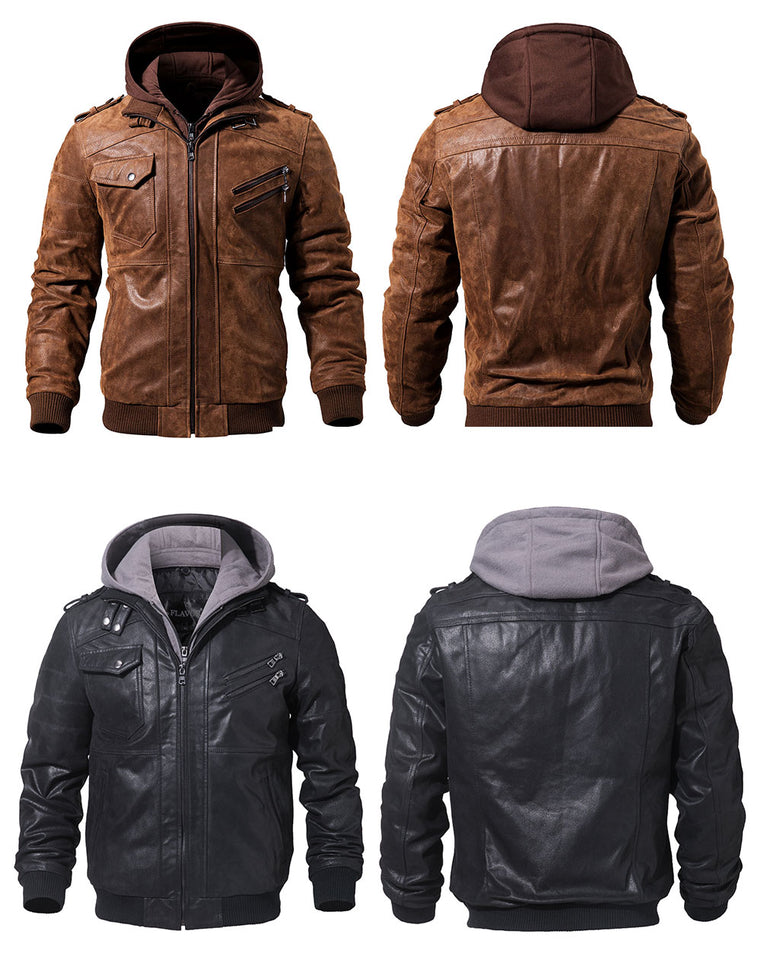 Men's Real Leather Jacket Men Motorcycle Removable Hood winter coat Warm Genuine Leather Jackets