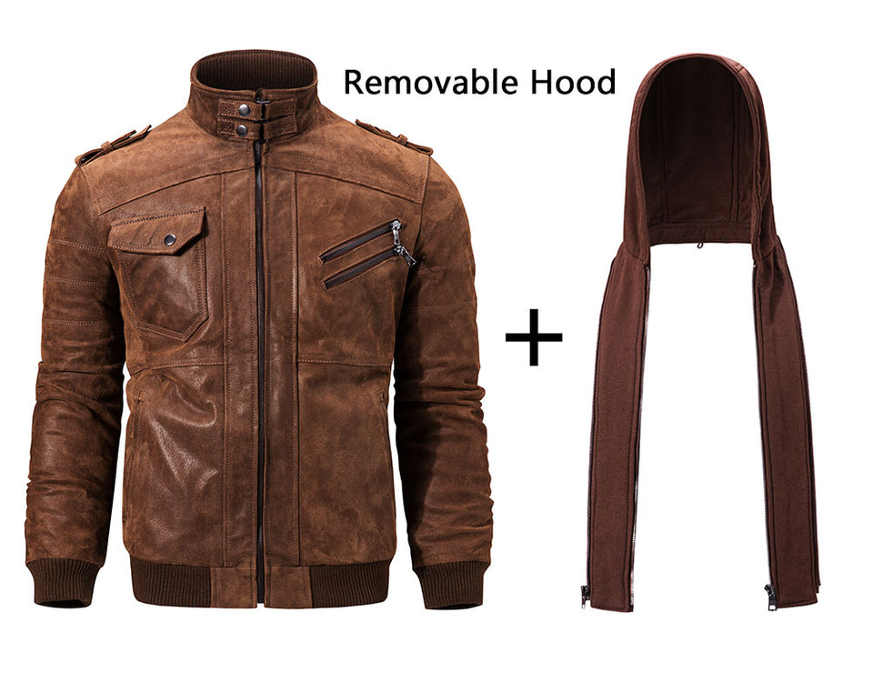 Men's Real Leather Jacket Men Motorcycle Removable Hood winter coat Warm Genuine Leather Jackets