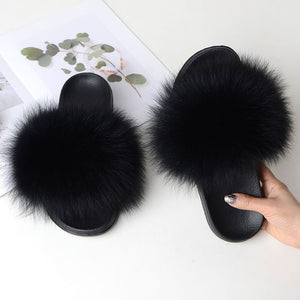 Fur Slippers Warm Fox Fur Slippers For Women Slides Flip Flop Indoor Furry Home Slippers Fluffy Sandals Winter Plush Shoes