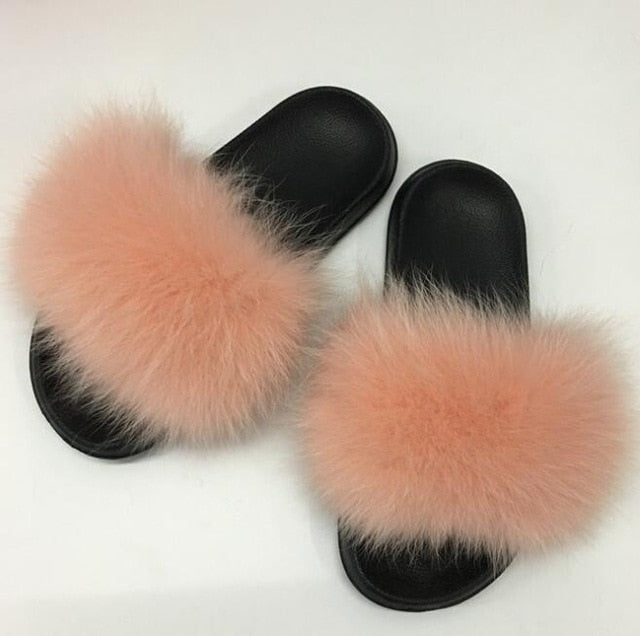 Fur Slippers Warm Fox Fur Slippers For Women Slides Flip Flop Indoor Furry Home Slippers Fluffy Sandals Winter Plush Shoes